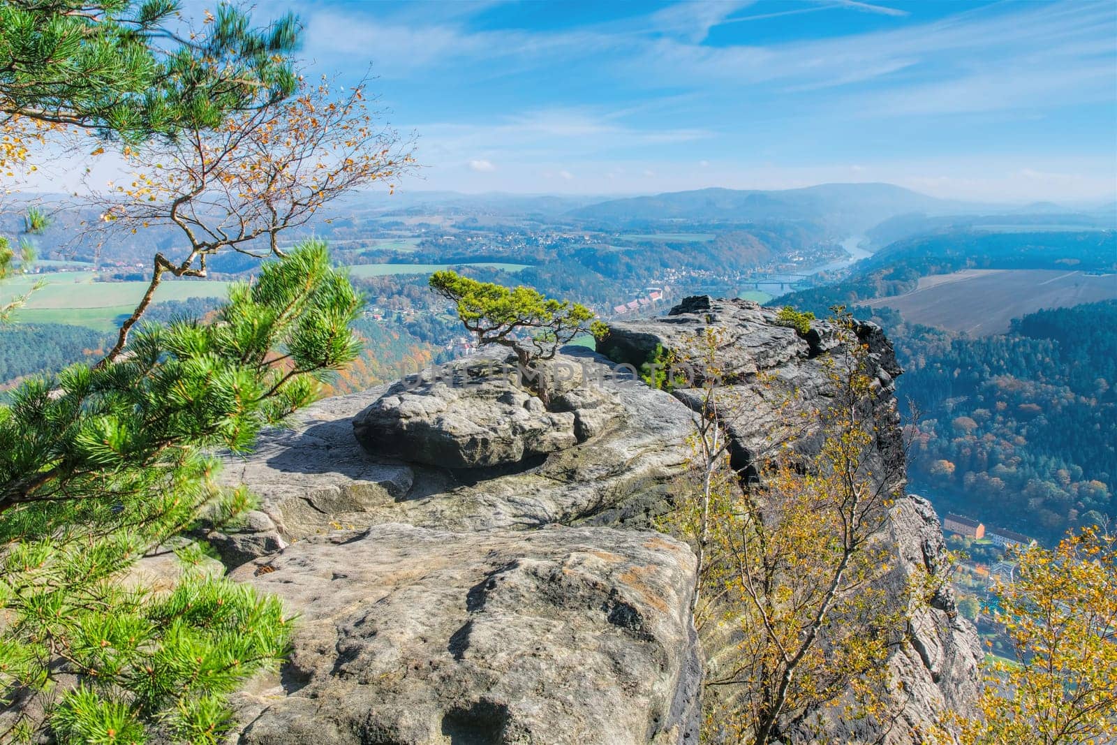 Elbe sandstone mountains in autumn, view from Lilienstein, Germany