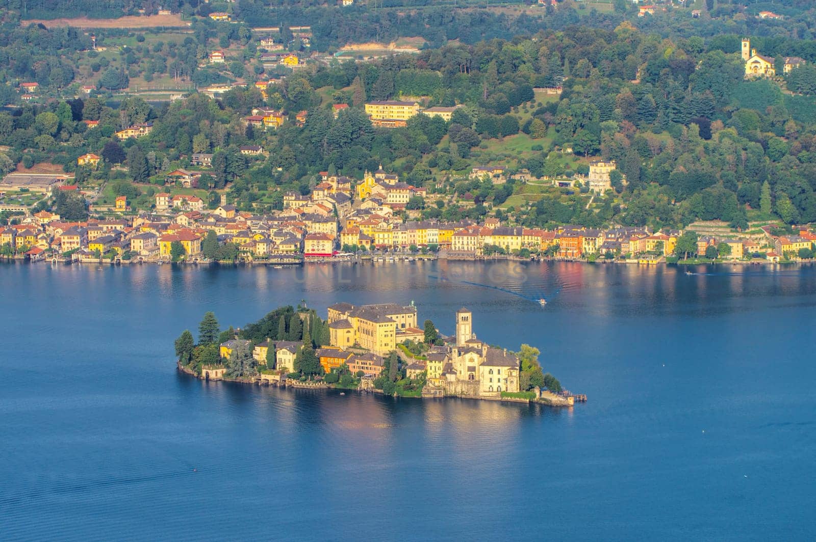 View of the island Isola San Giulio at the Lake Orta in Italy