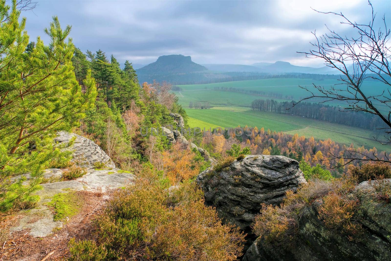 mountain Lilienstein view from mountain Rauenstein in Elbe Sandstone Mountains, Germany