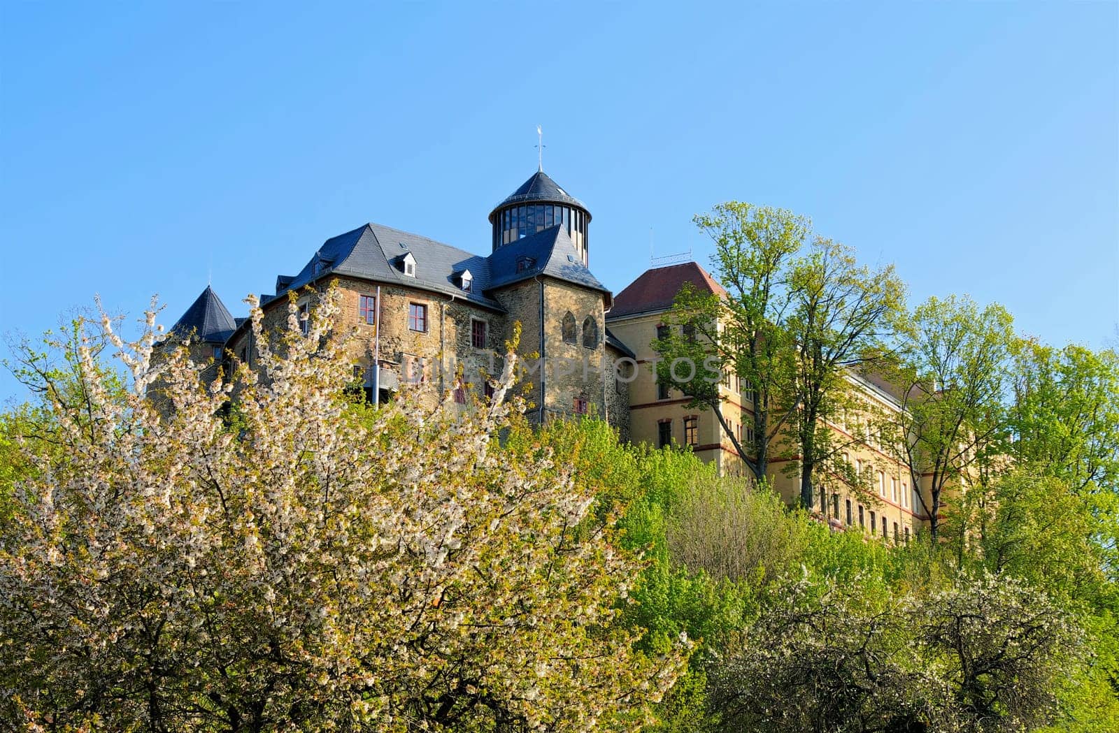 the town Oelsnitz, castle Voigtsberg in spring, Vogtland , Germany