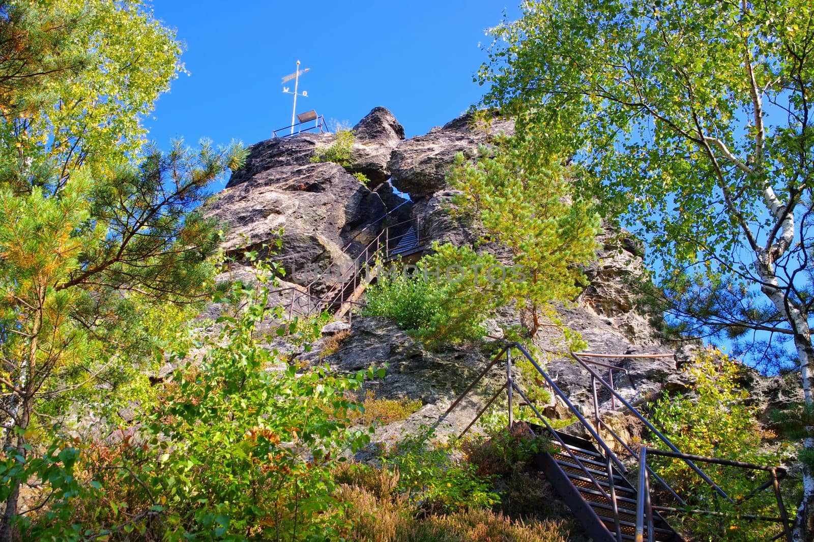 mountain Scharfenstein rock in Zittau Mountains, autumn