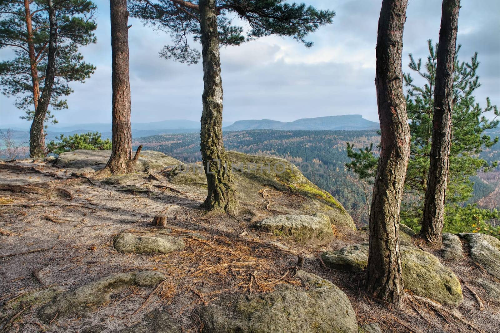 mountain Zschirnstein in Elbe Sandstone Mountains, Germany in autumn