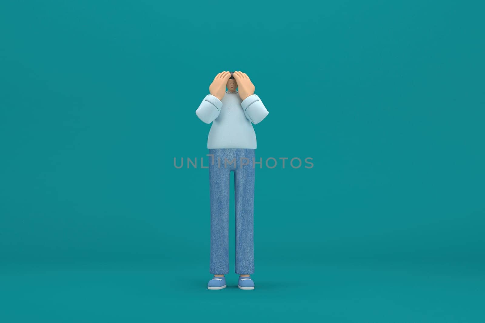 cartoon character wearing jeans and  long shirt. He is expression  of body and hand when talking. 3d rendering in acting.