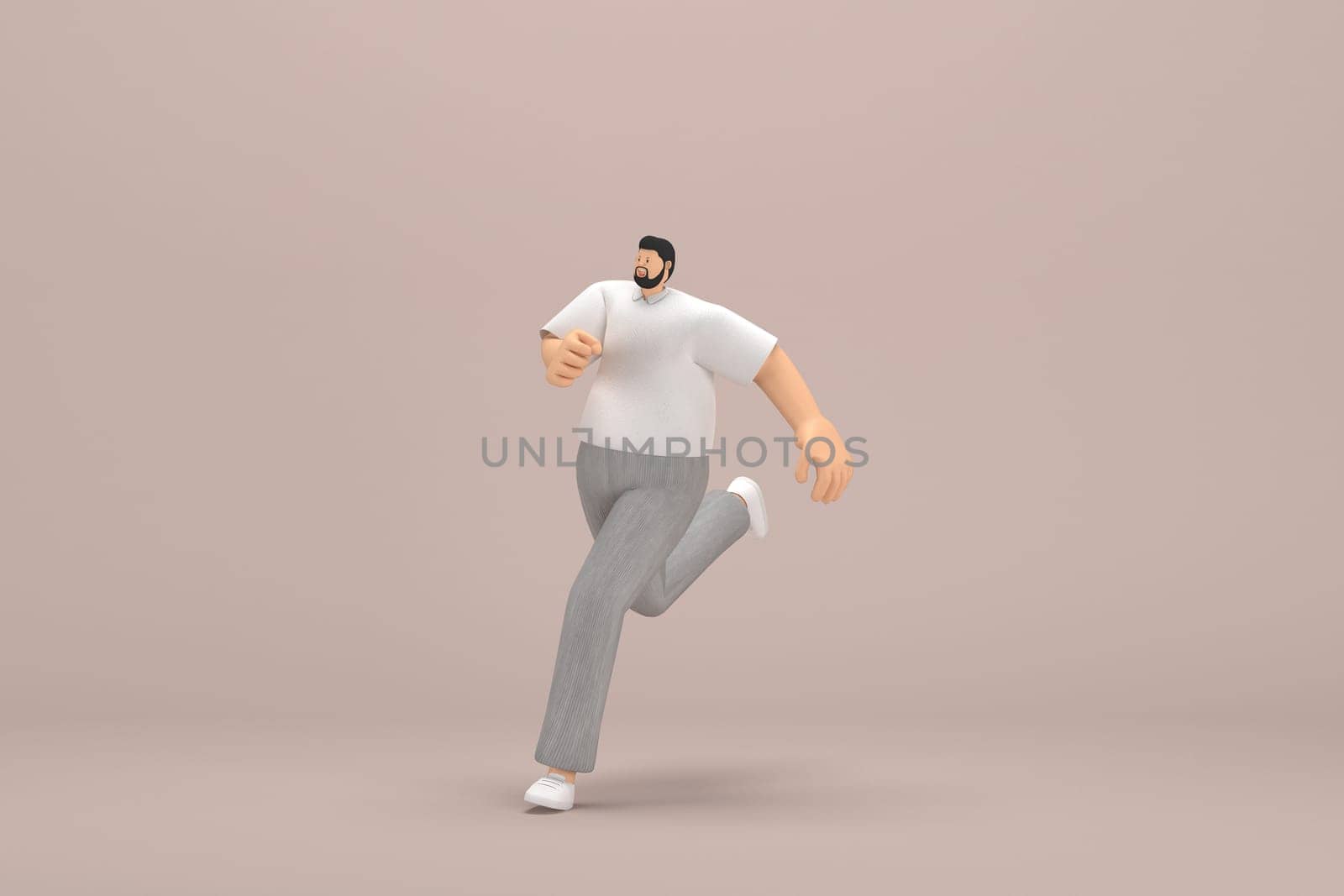 The man with beard wearinggray corduroy pants and white collar t-shirt.  He is running. 3d rendering of cartoon character in acting.