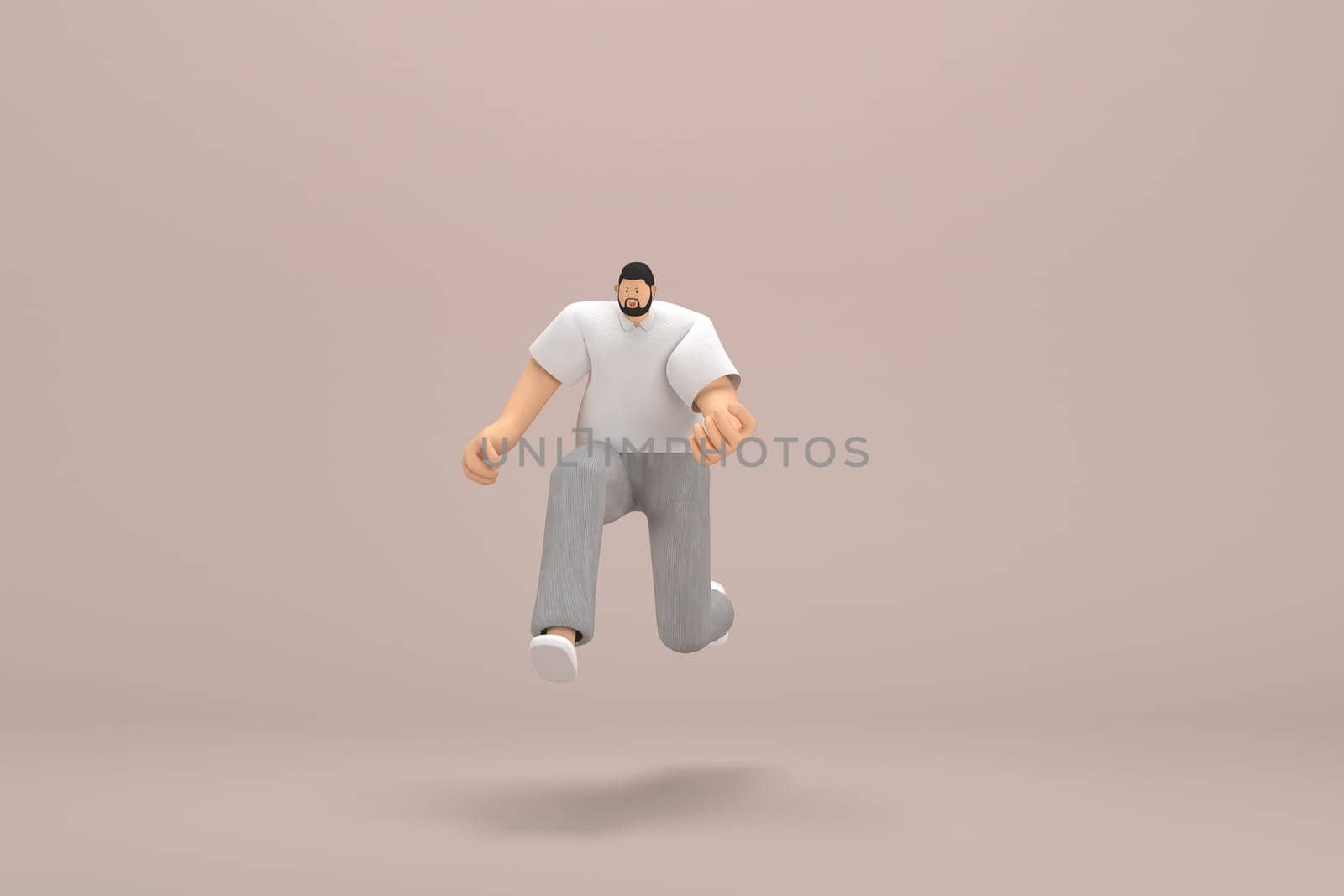 The man with beard wearinggray corduroy pants and white collar t-shirt.  He is running. 3d rendering of cartoon character in acting.