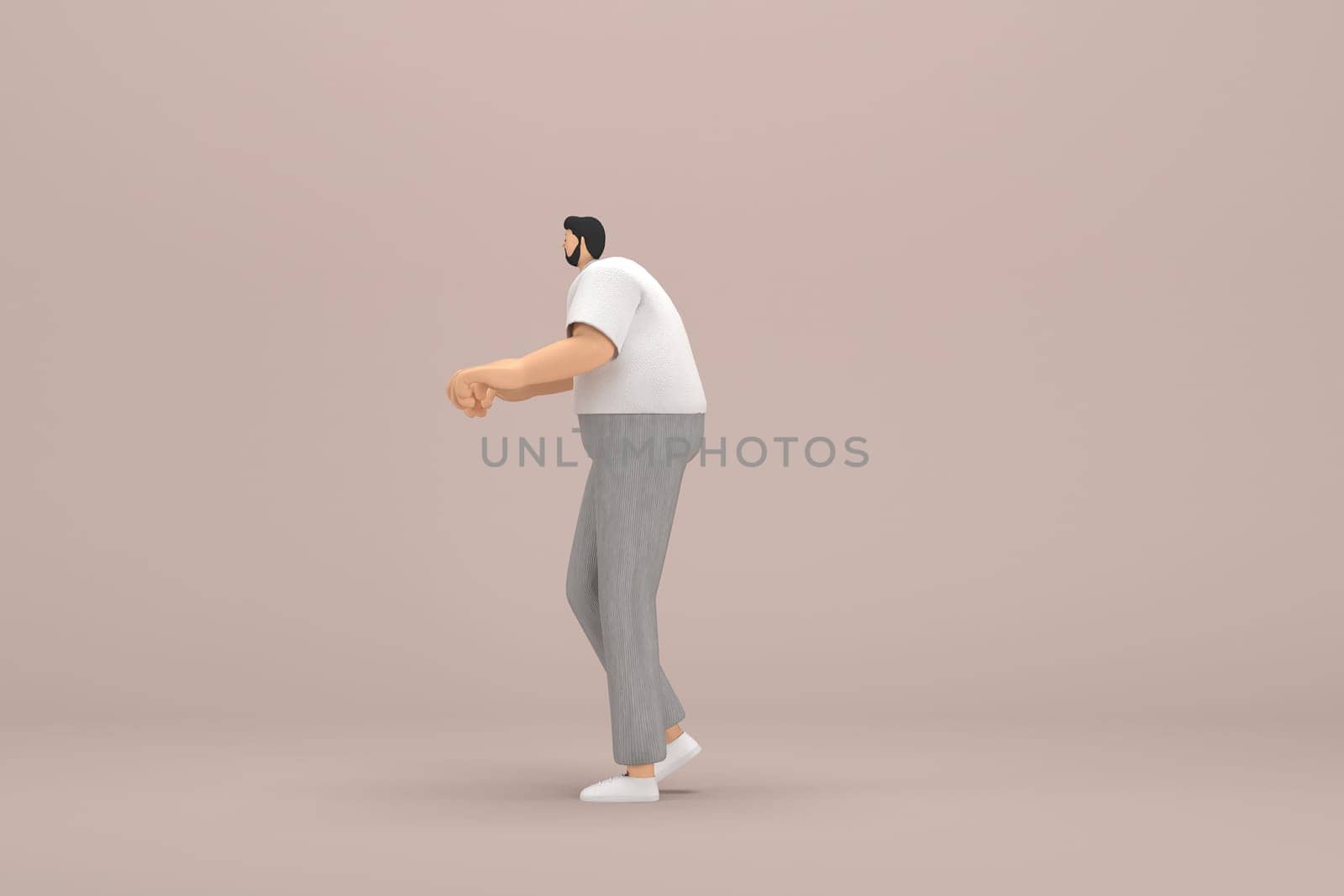 The man with beard wearinggray corduroy pants and white collar t-shirt. He is expression  of hand when talking. 3d rendering of cartoon character in acting.