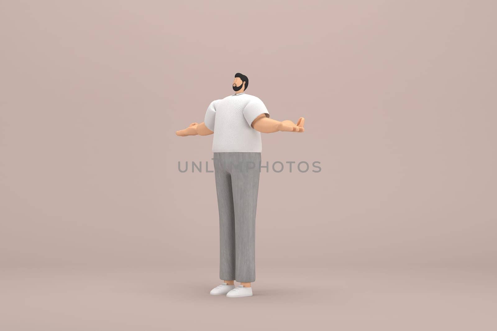 The man with beard wearinggray corduroy pants and white collar t-shirt. He is expression  of hand when talking. 3d rendering of cartoon character in acting.