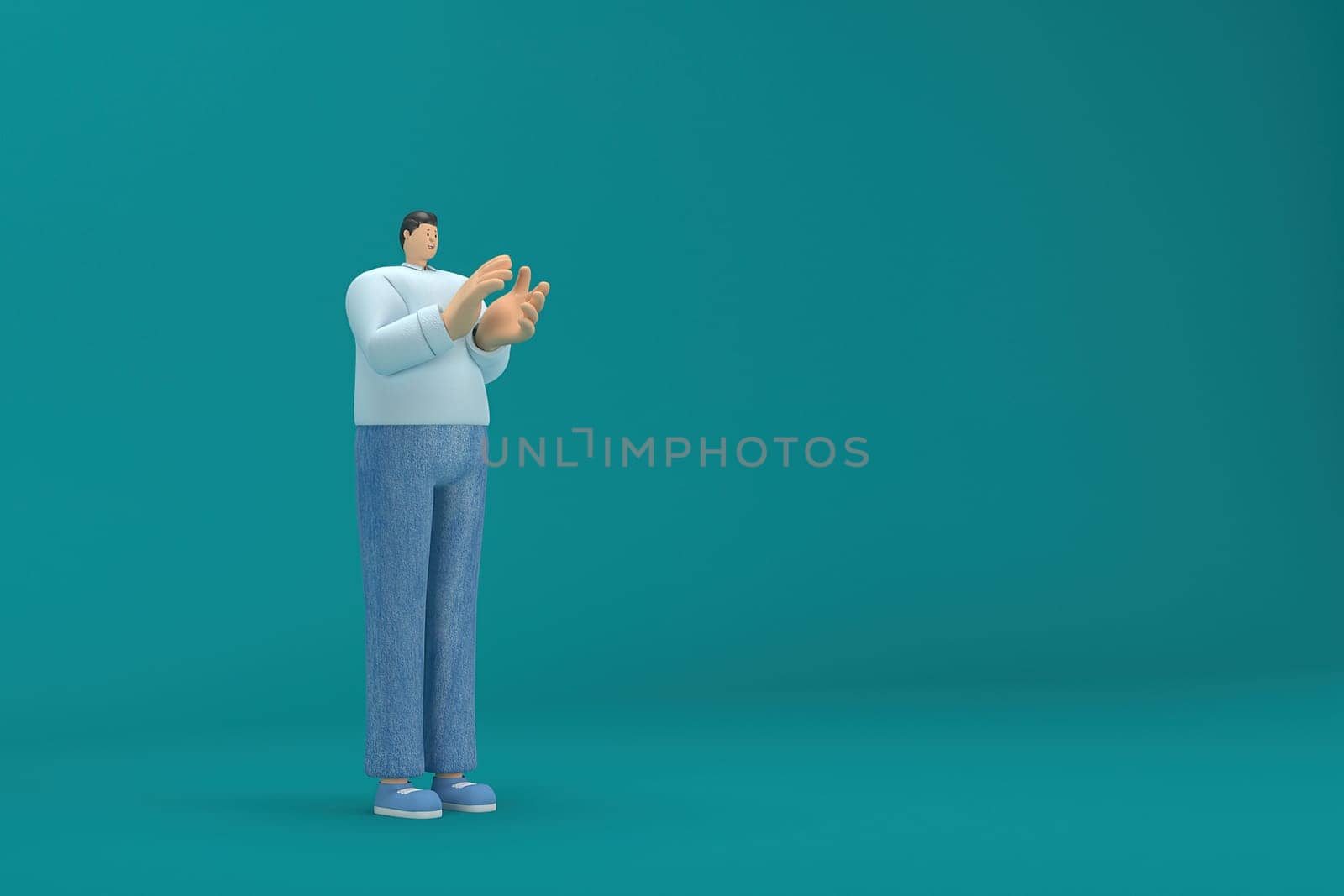 cartoon character wearing jeans and  long shirt. He is expression  of body and hand when talking. 3d rendering in acting.