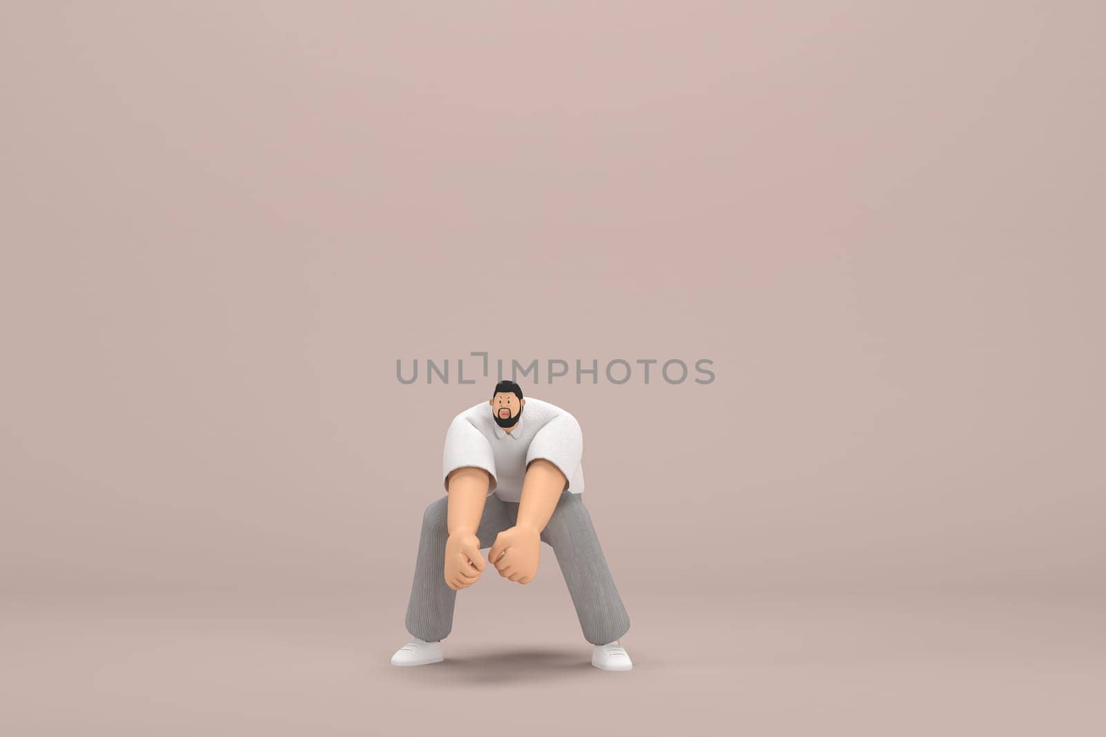 The man with beard wearinggray corduroy pants and white collar t-shirt.  He is pulling or pushing something.  3d rendering of cartoon character in acting.
