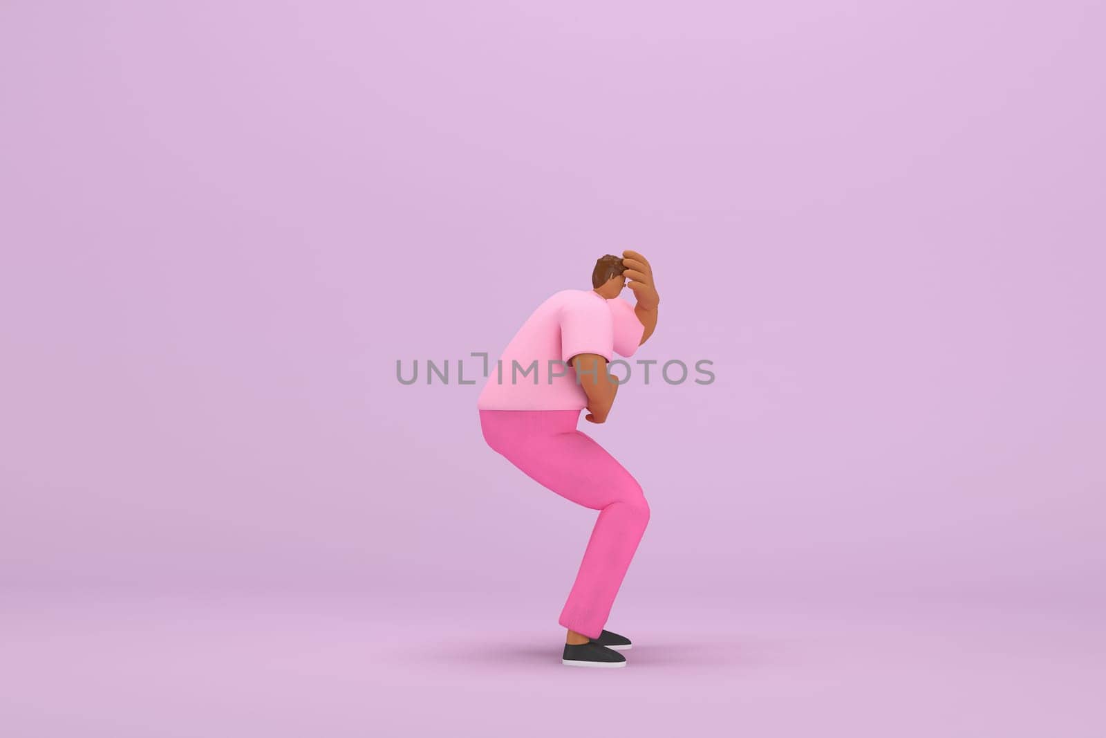 The black man with pink clothes.  He is sad or in pain. 3d illustrator of cartoon character in acting.
