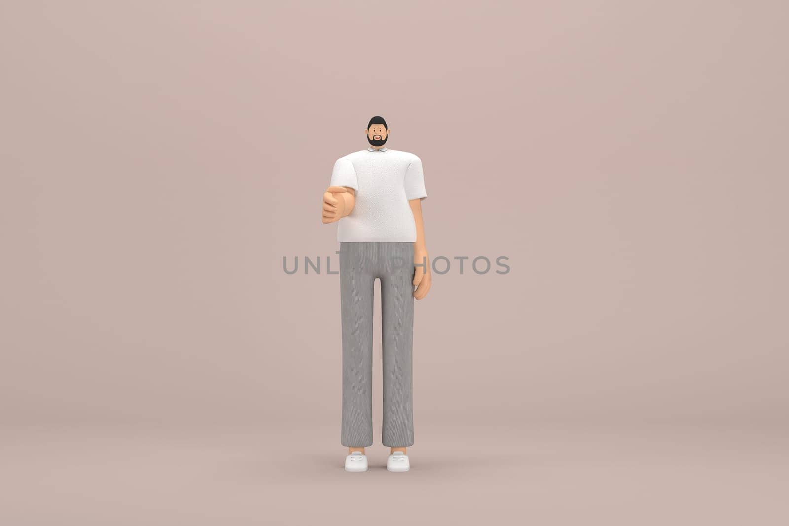 The man with beard wearinggray corduroy pants and white collar t-shirt. He is expression  of hand when talking. 3d rendering of cartoon character in acting.
