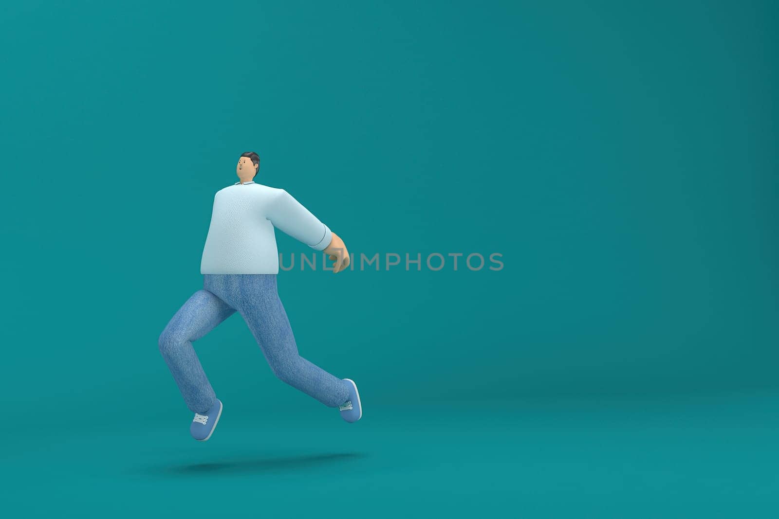 cartoon character wearing jeans and  long shirt. He is jumping. 3d rendering in acting.