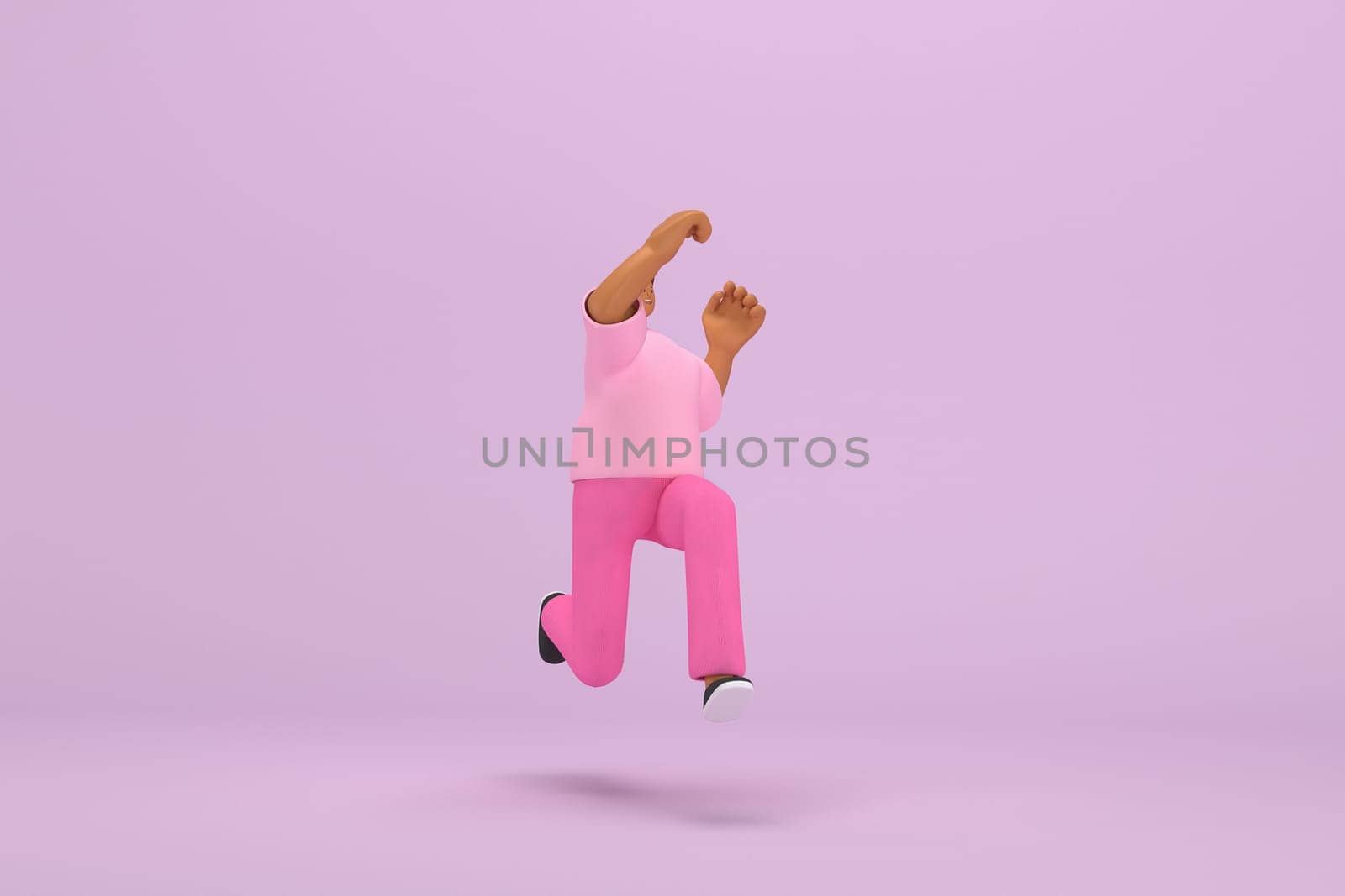 The black man with pink clothes.  He is jumping. 3d rendering of cartoon character in acting.