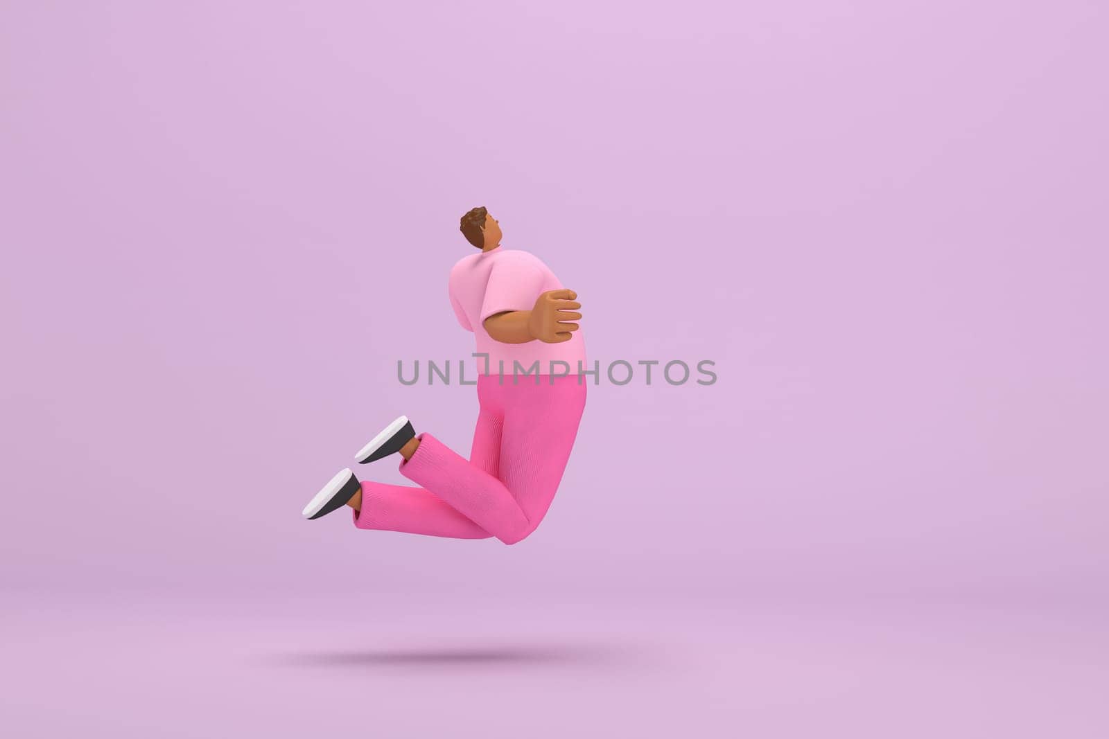 The black man with pink clothes.  He is jumping. 3d rendering of cartoon character in acting.