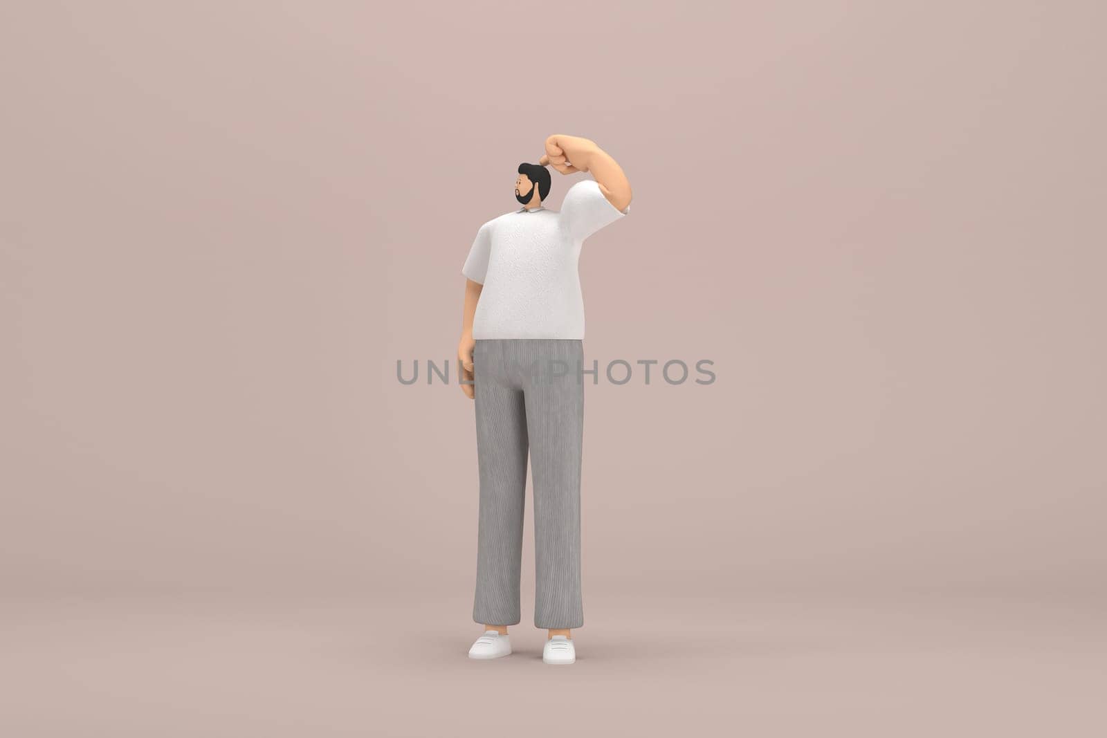 The man with beard wearinggray corduroy pants and white collar t-shirt. He is expression  of hand when talking. 3d rendering of cartoon character in acting.