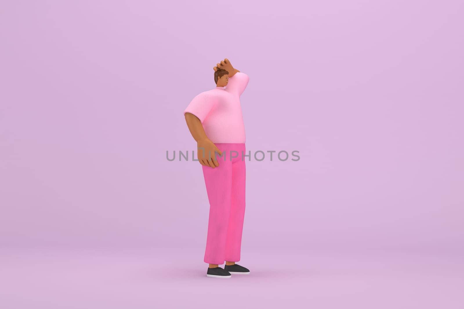 The black man with pink clothes.  He is expression  of body and hand when talking. 3d illustrator of cartoon character in acting.