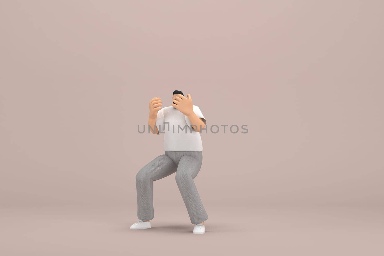 The man with beard wearinggray corduroy pants and white collar t-shirt. He is expression  of hand when talking. 3d rendering of cartoon character in acting.