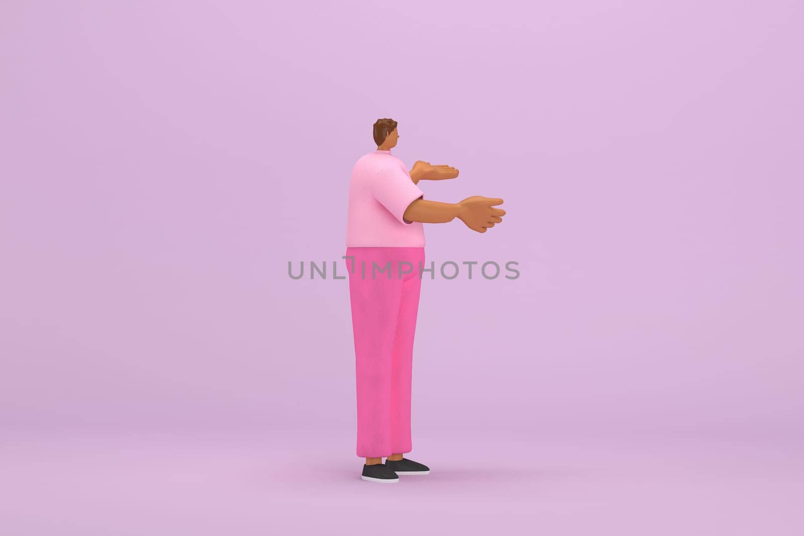 The black man with pink clothes.  He is expression  of body and hand when talking. 3d illustration of cartoon character in acting.