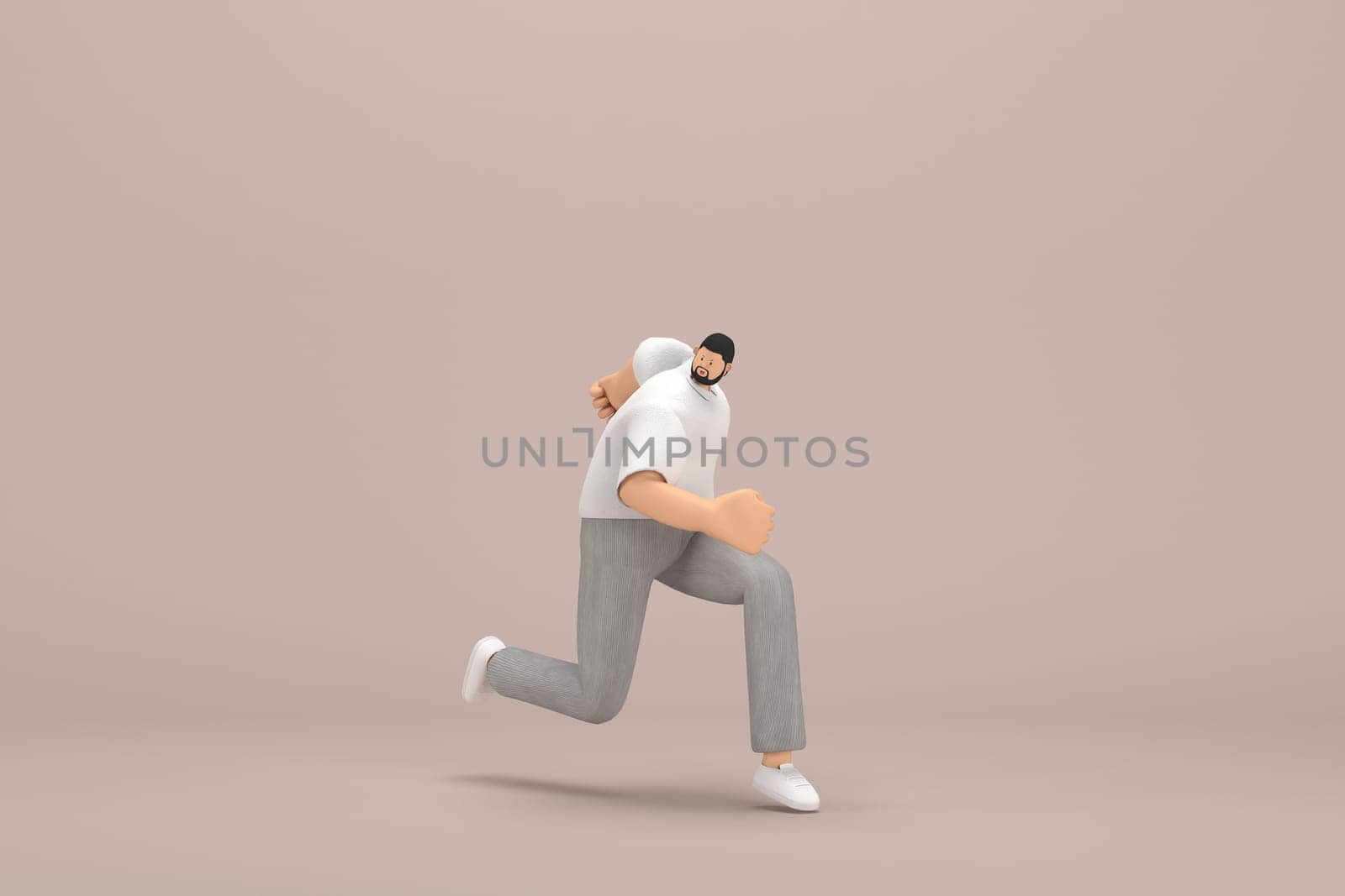 The man with beard wearinggray corduroy pants and white collar t-shirt.  He is running. 3d rendering of cartoon character in acting.