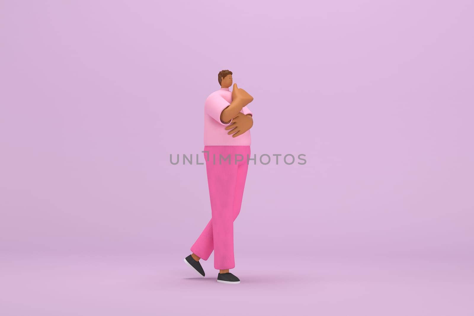 The black man with pink clothes.  He is expression  of body and hand when talking. 3d illustration of cartoon character in acting.
