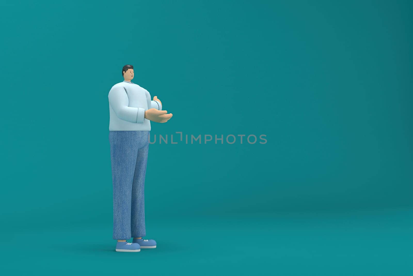 cartoon character wearing jeans and  long shirt. He is expression  of body and hand when talking. 3d rendering in acting.