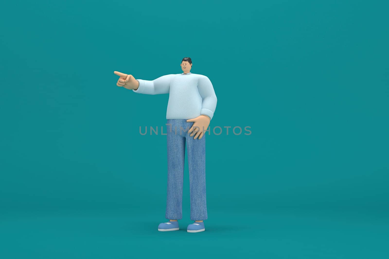 cartoon character wearing jeans and  long shirt. He is expression  of body and hand when talking. 3d rendering in acting.