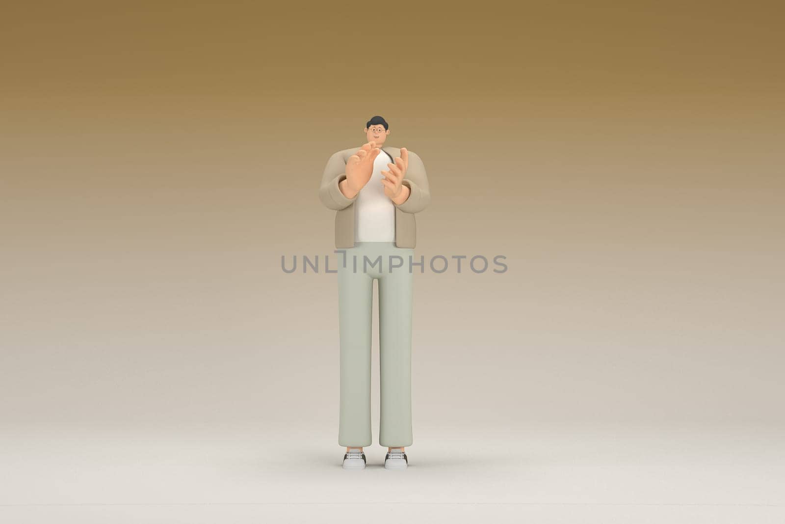 A man with glasses wearing brown cloth. He is expression of hand when talking. 3d rendering of cartoon character in acting.