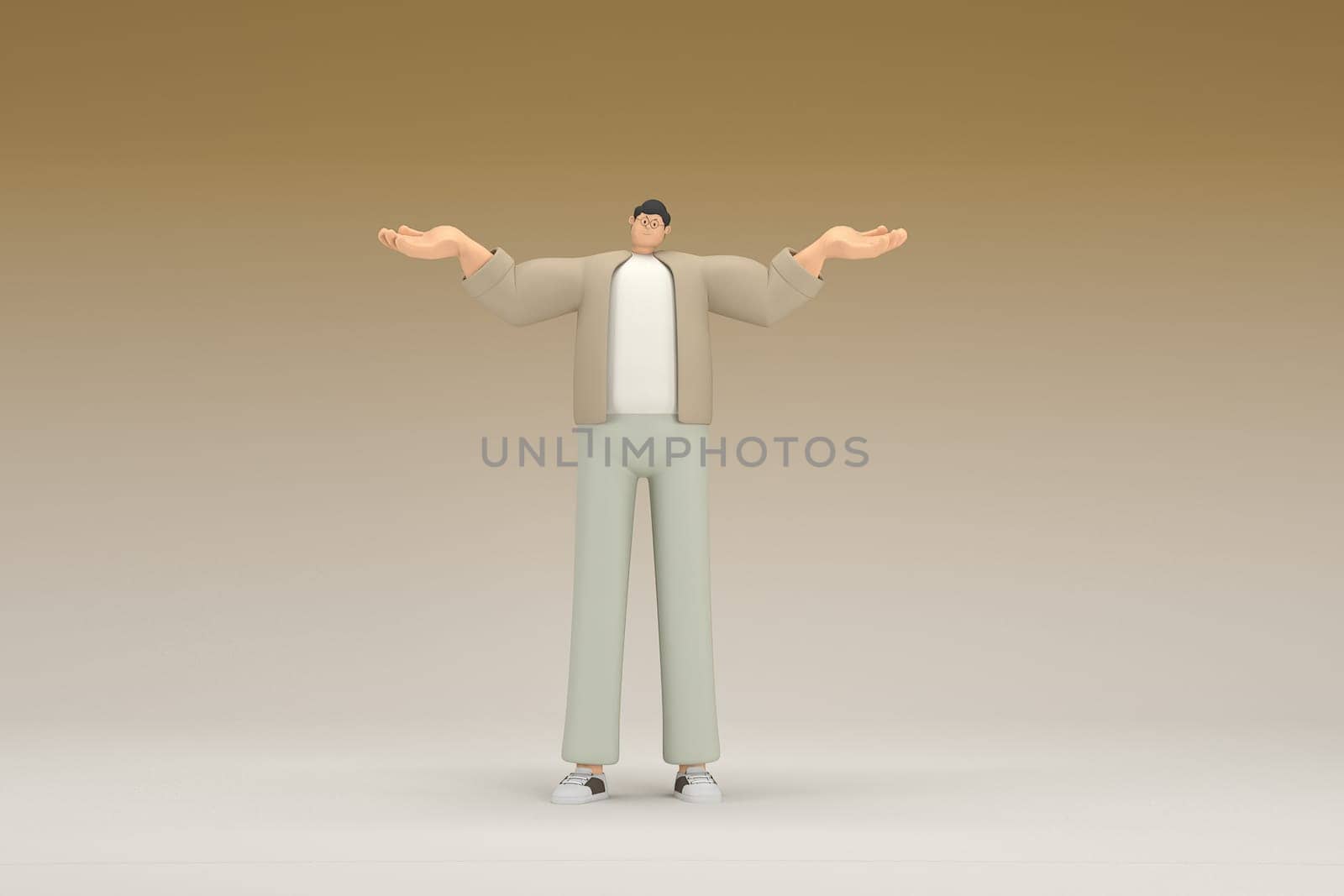 A man with glasses wearing brown cloth. He is expression of hand when talking. 3d rendering of cartoon character in acting.