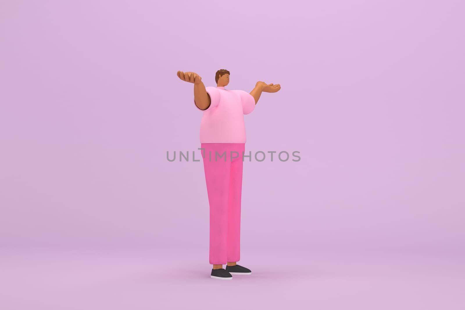 The black man with pink clothes.  He is expression  of body and hand when talking. 3d illustration of cartoon character in acting.