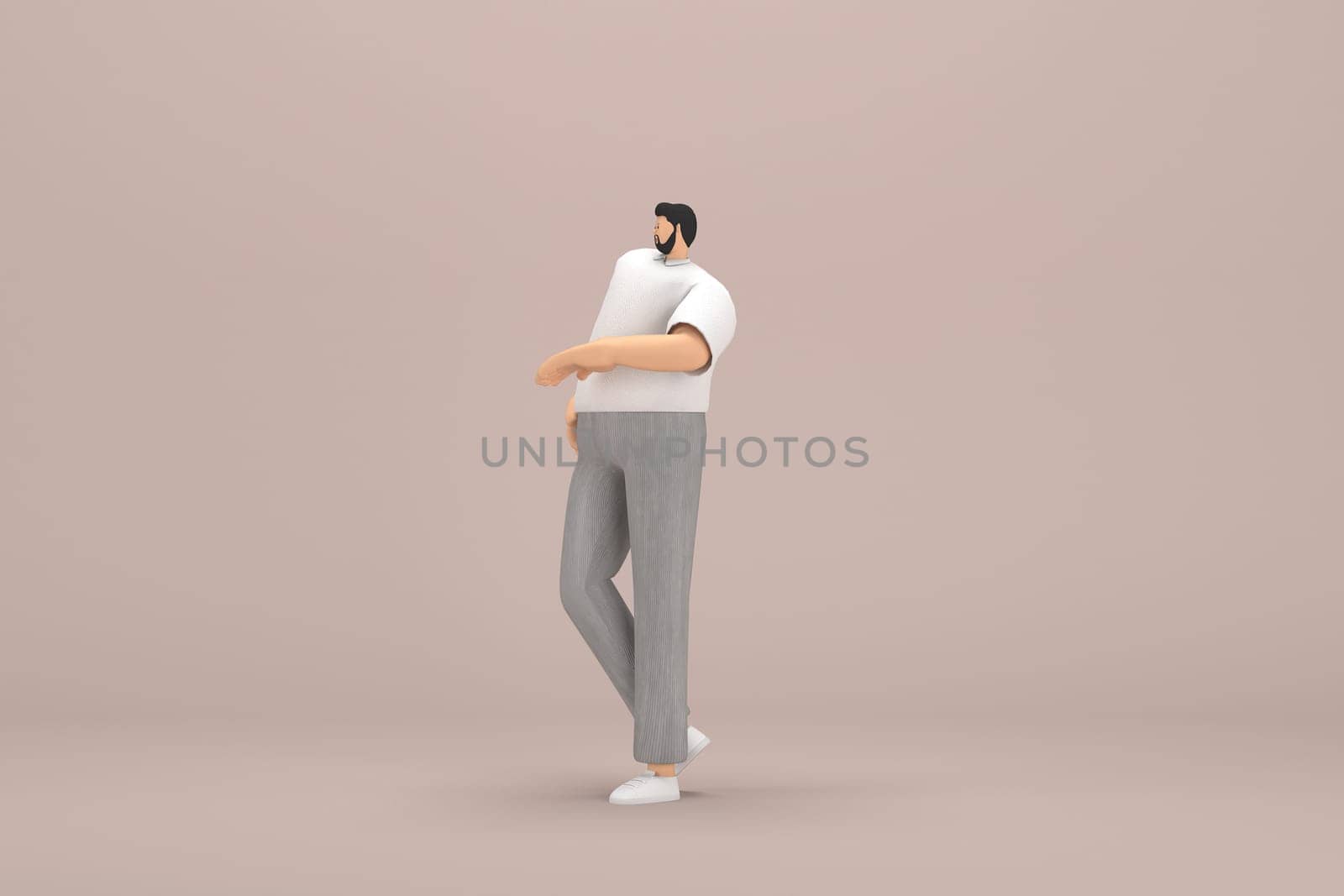The man with beard wearinggray corduroy pants and white collar t-shirt. He is expression  of hand when talking. 3d rendering of cartoon character in acting.