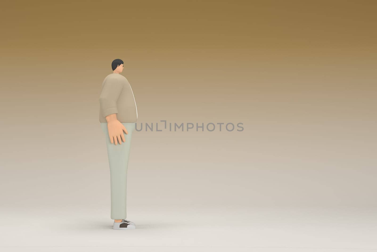 A man with glasses wearing brown cloth. He is expression of hand when talking. 3d rendering of cartoon character in acting.