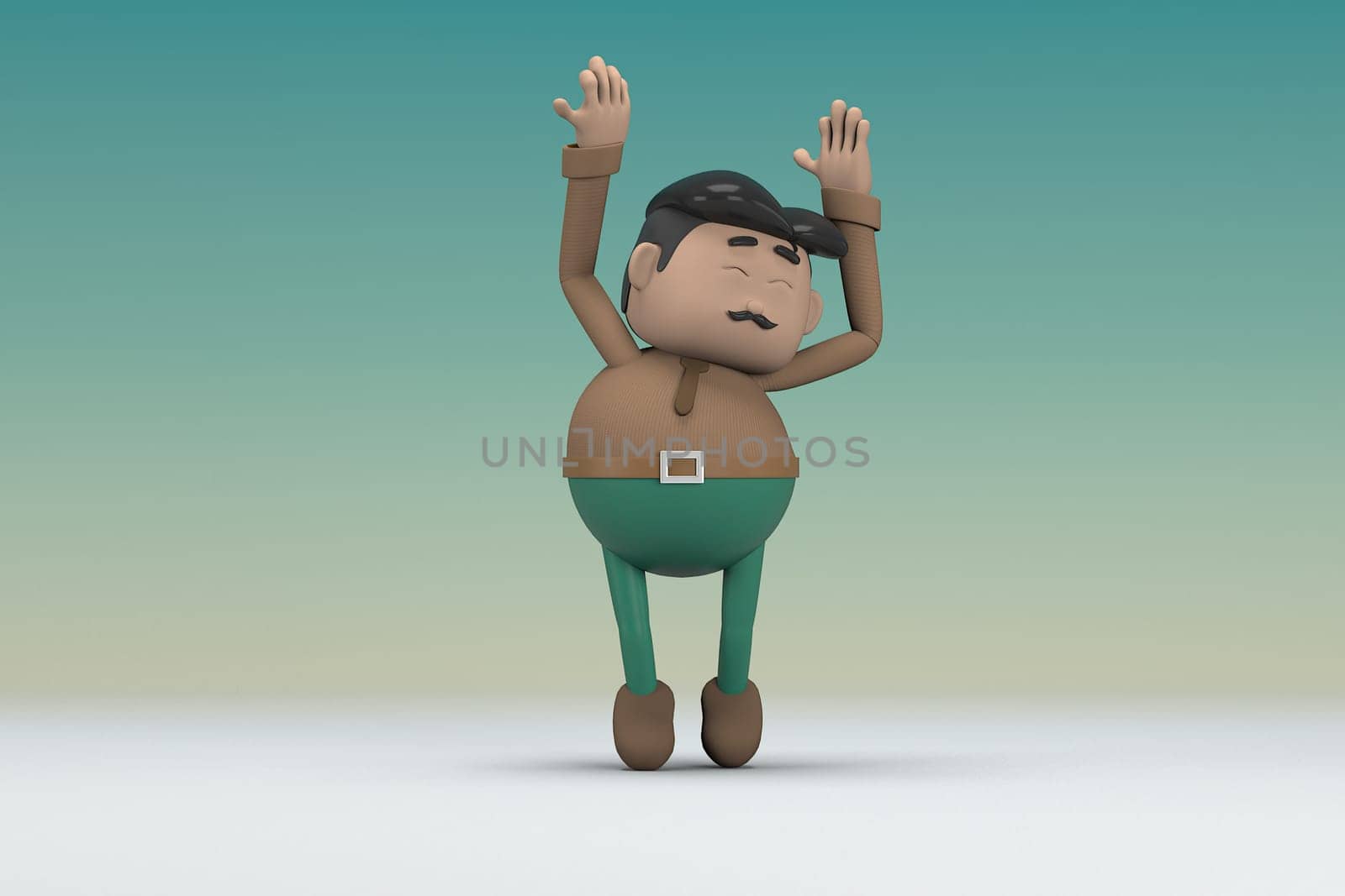 The man  with mustache wearing a brown long sleeve shirt green pants.  He is doing exercise. 3d illustrator of cartoon character in acting.