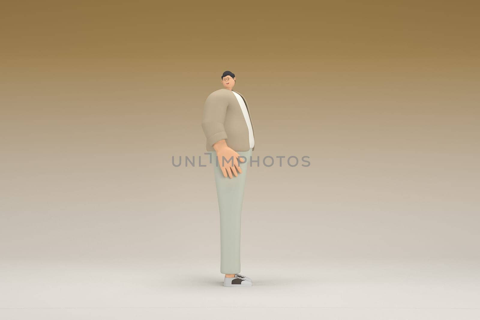 A man with glasses wearing brown cloth. He is expression of hand when talking. 3d rendering of cartoon character in acting.