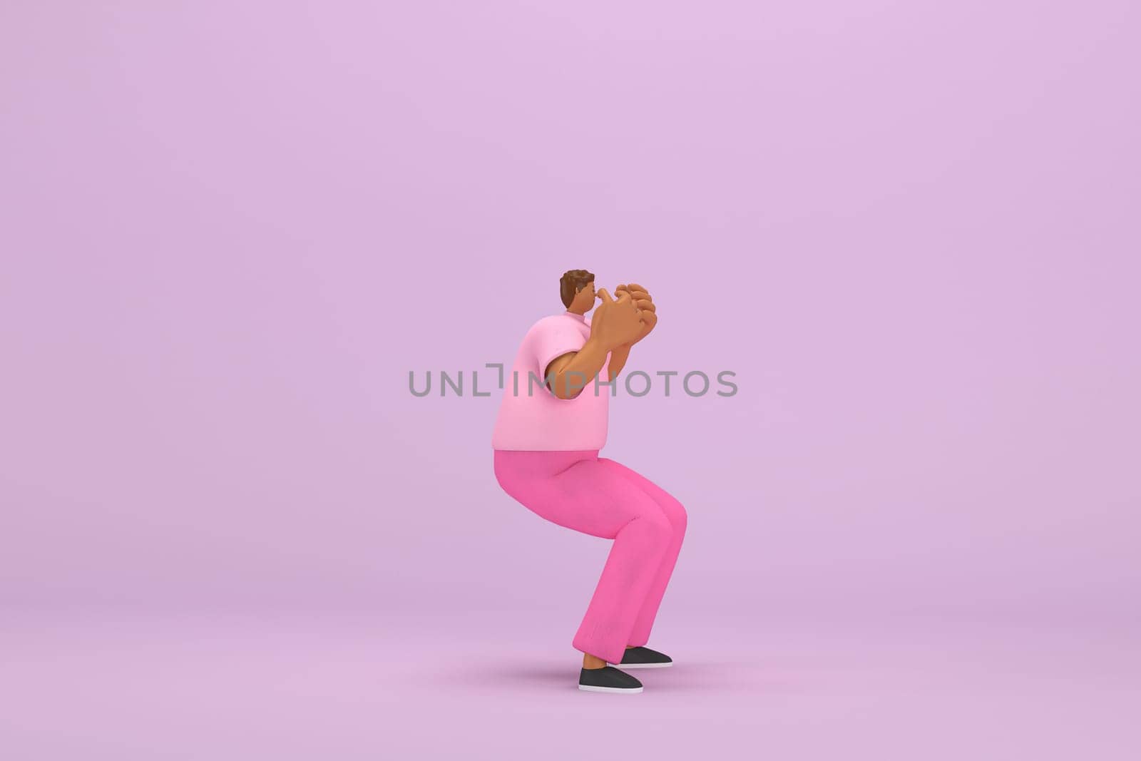 The black man with pink clothes.  He is expression  of body and hand when talking. 3d illustration of cartoon character in acting.