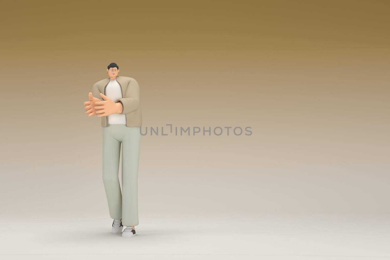 A man with glasses wearing brown cloth. He is expression of hand when talking. 3d rendering of cartoon character in acting.