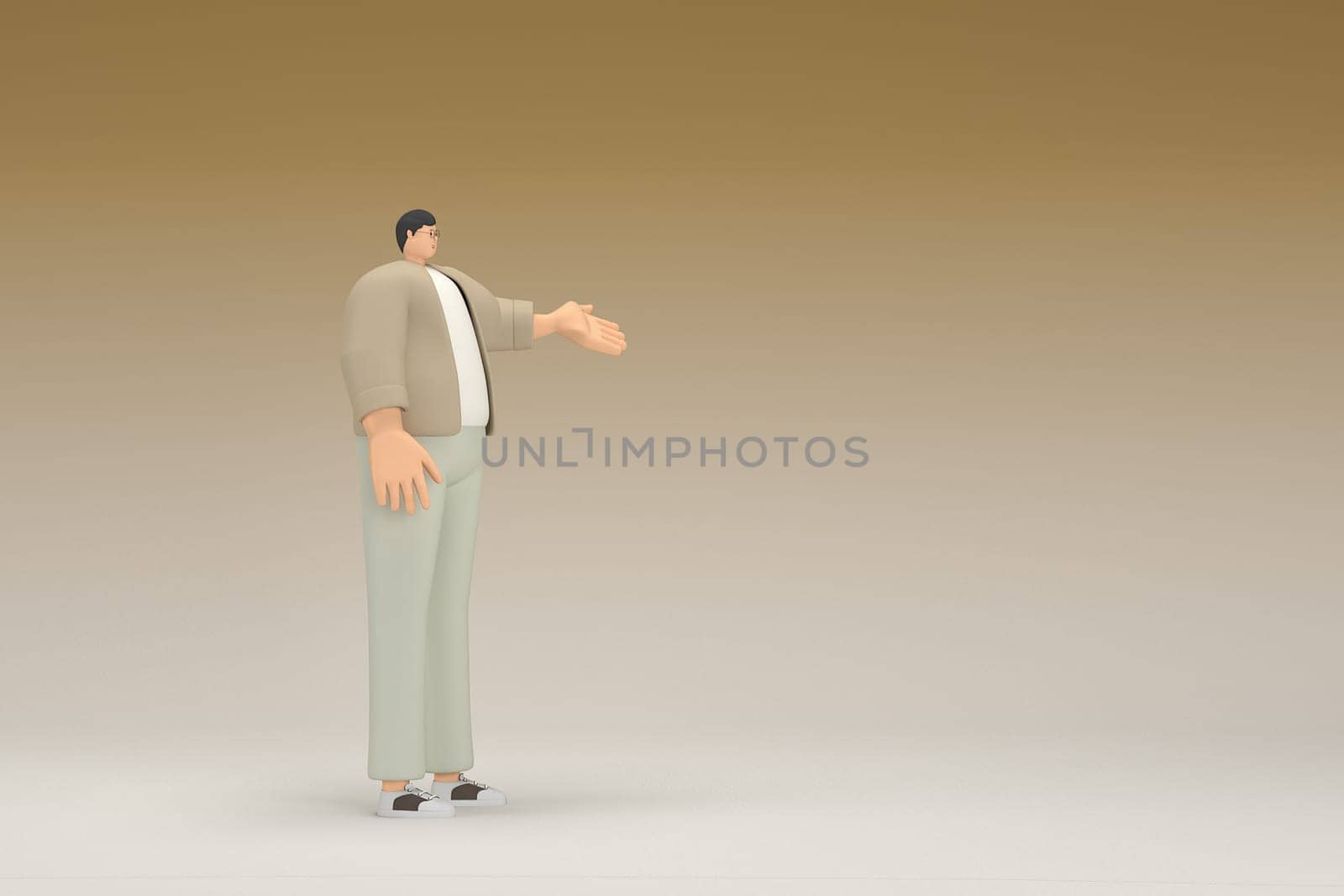A man with glasses wearing brown cloth. He is expression of hand when talking. 3d rendering of cartoon character in acting.