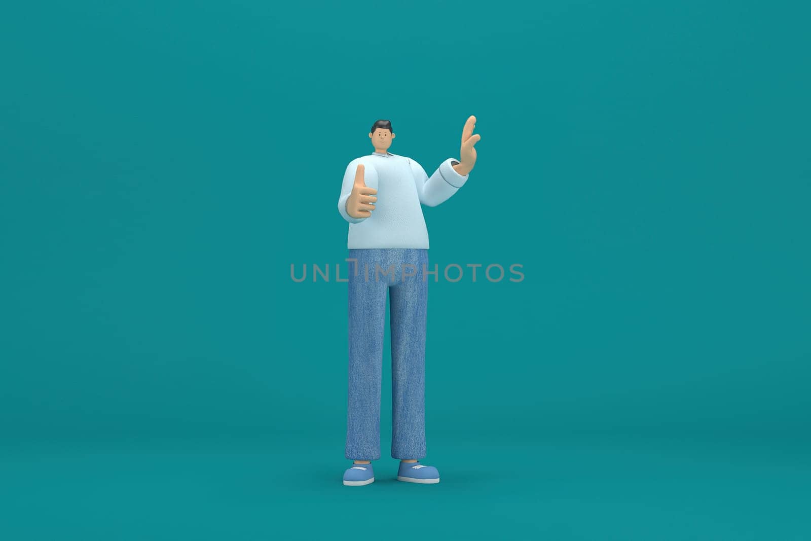 cartoon character wearing jeans and  long shirt. He is expression  of body and hand when talking. 3d rendering in acting.