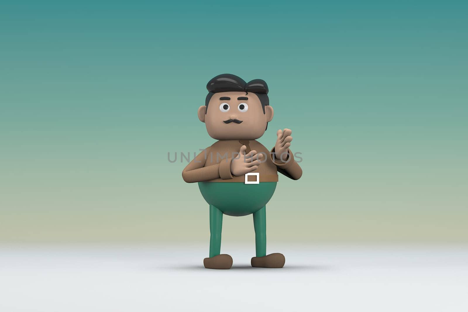The man  with mustache wearing a brown long shirt green pants.  He is expression  of body and hand when talking.  3d illustrator of cartoon character in acting.