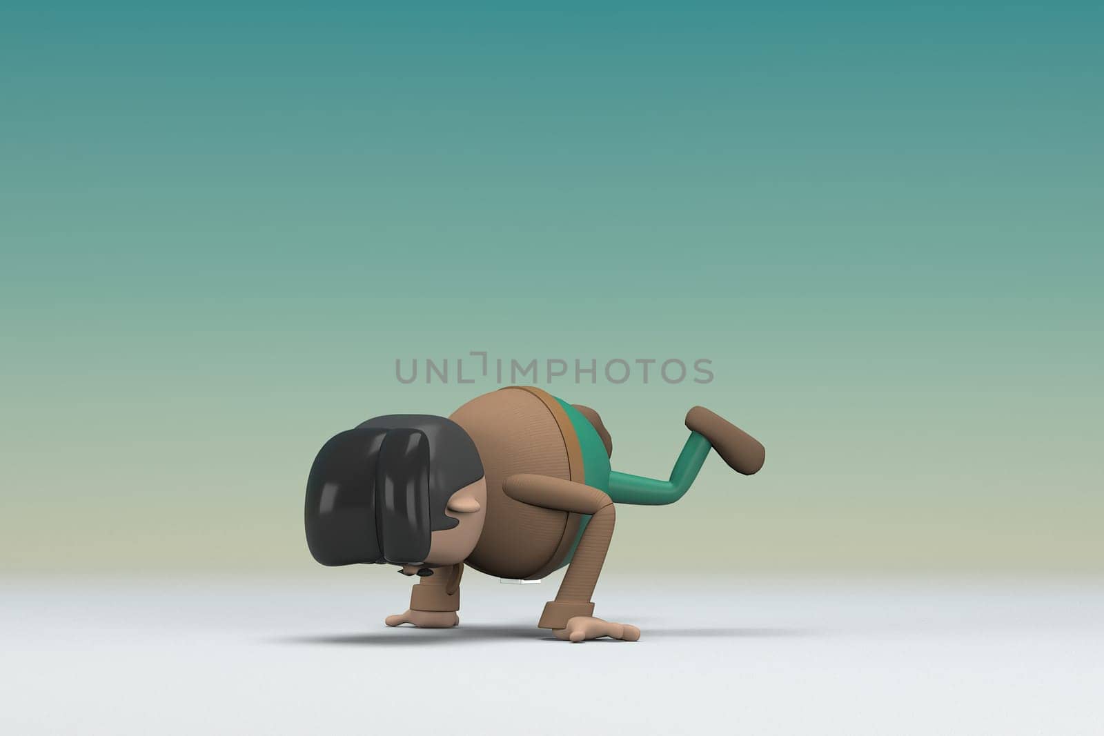 The man  with mustache wearing a brown long sleeve shirt green pants.  He is doing exercise. 3d illustrator of cartoon character in acting.