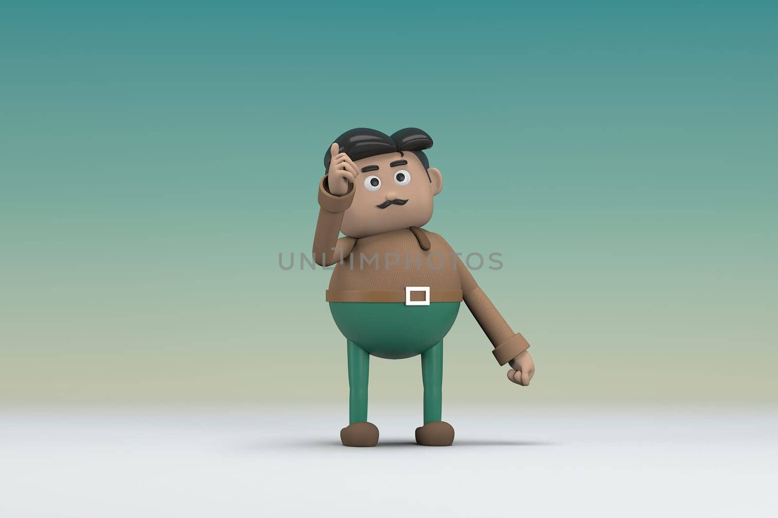 The man  with mustache wearing a brown long shirt green pants.  He is expression  of body and hand when talking.  3d illustrator of cartoon character in acting.