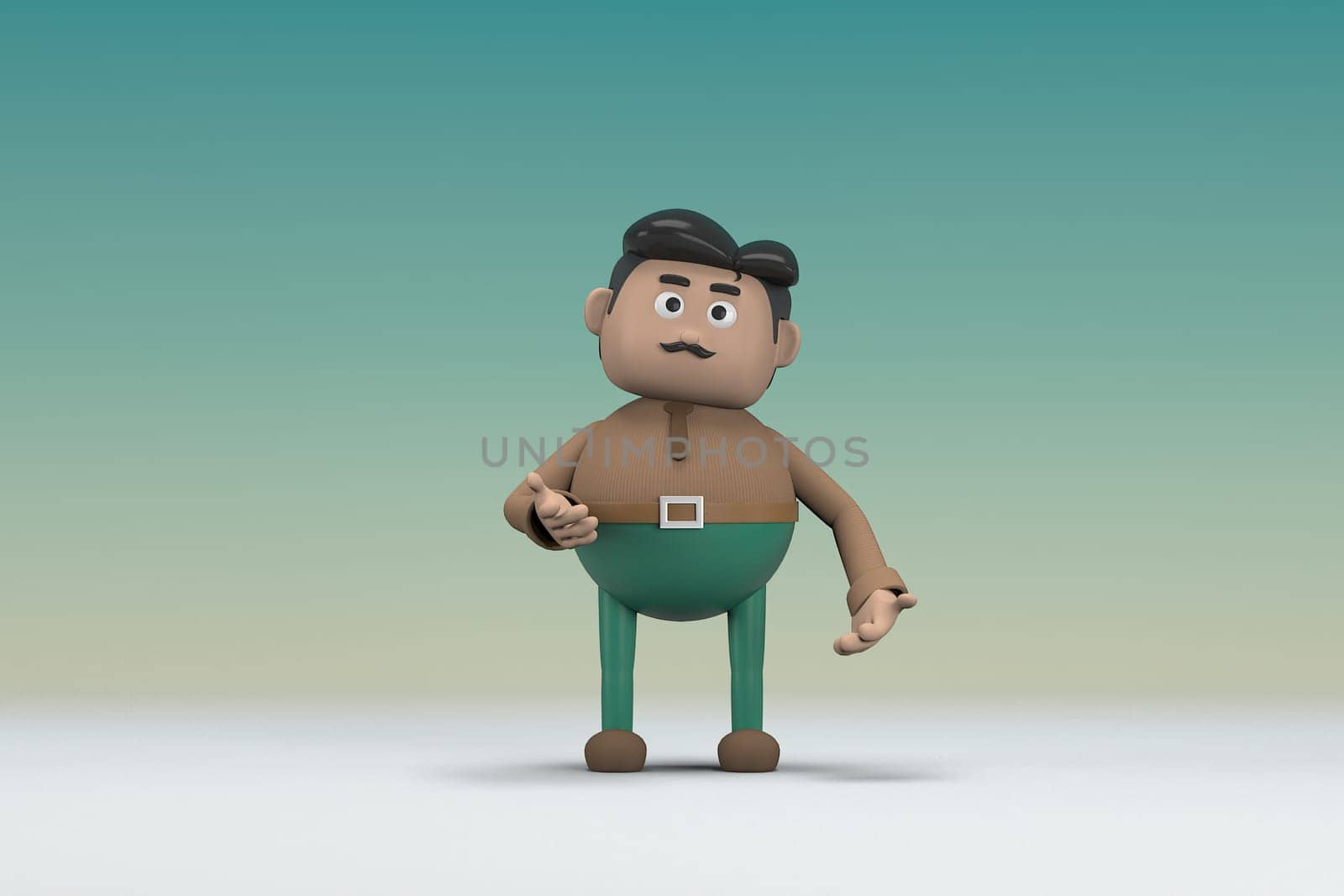 The man  with mustache wearing a brown long shirt green pants.  He is expression  of body and hand when talking.  3d illustrator of cartoon character in acting.