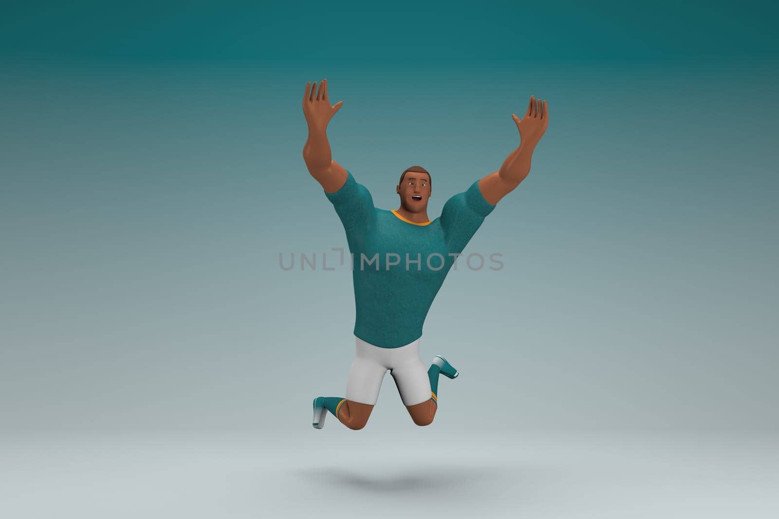 An athlete wearing a green shirt and white pants is jumping. 3d rendering of cartoon character in acting.