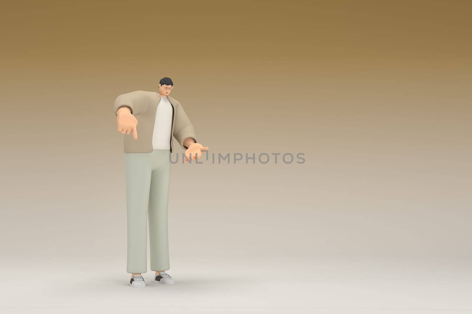 A man with glasses wearing brown cloth. He is expression of hand when talking. 3d rendering of cartoon character in acting.