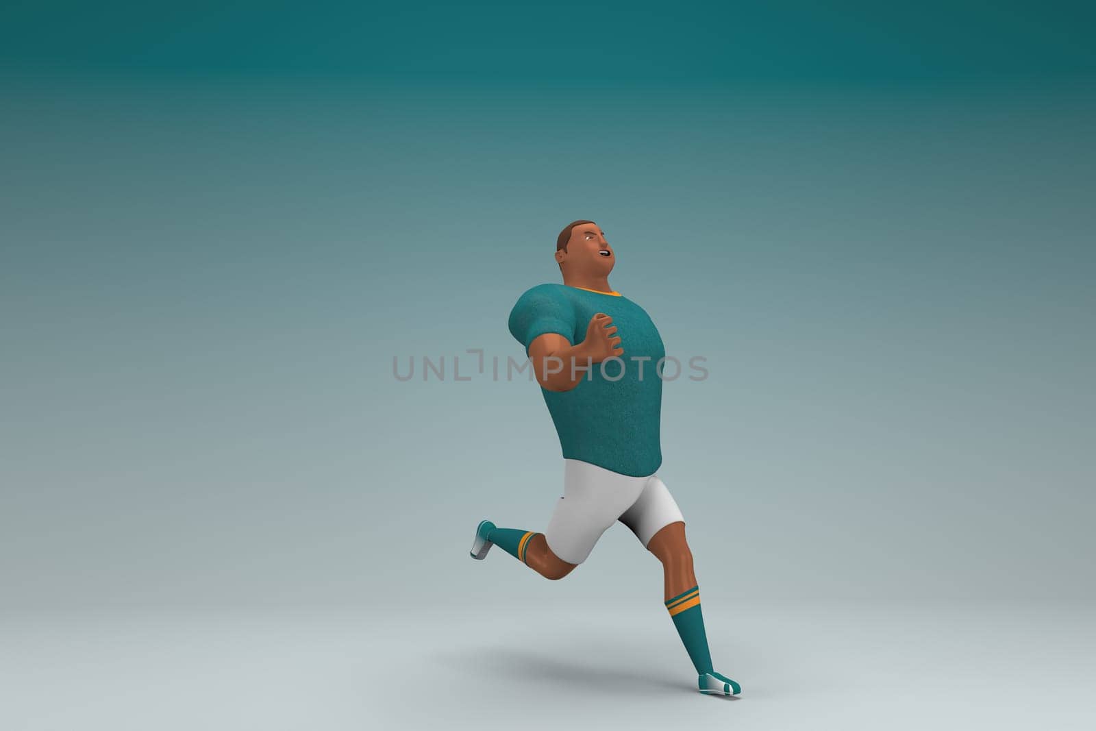 An athlete wearing a green shirt and white pants is runing. 3d rendering of cartoon character in acting.