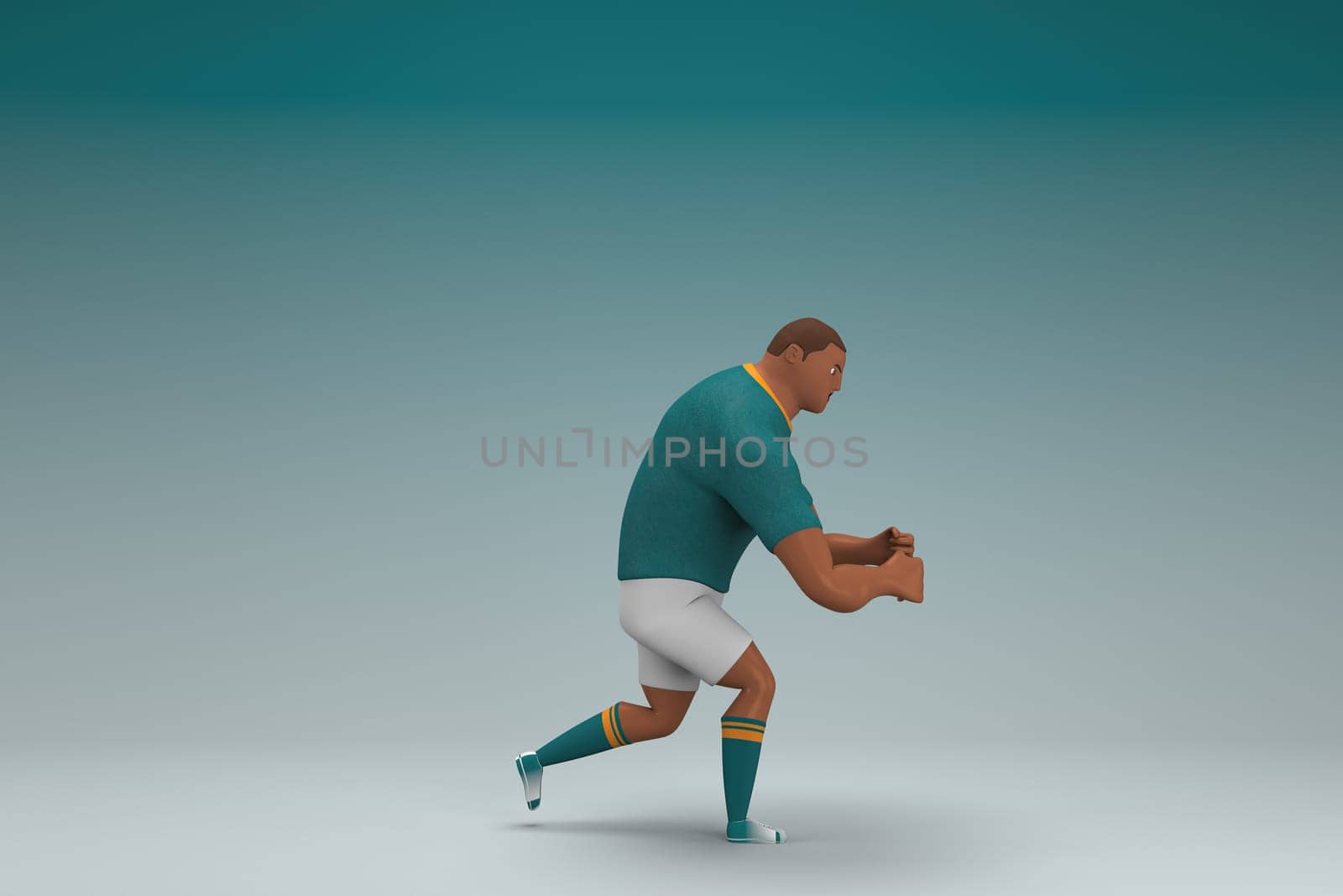 An athlete wearing a green shirt and white pants. He is pulling or pushing something. 3d rendering of cartoon character in acting.
