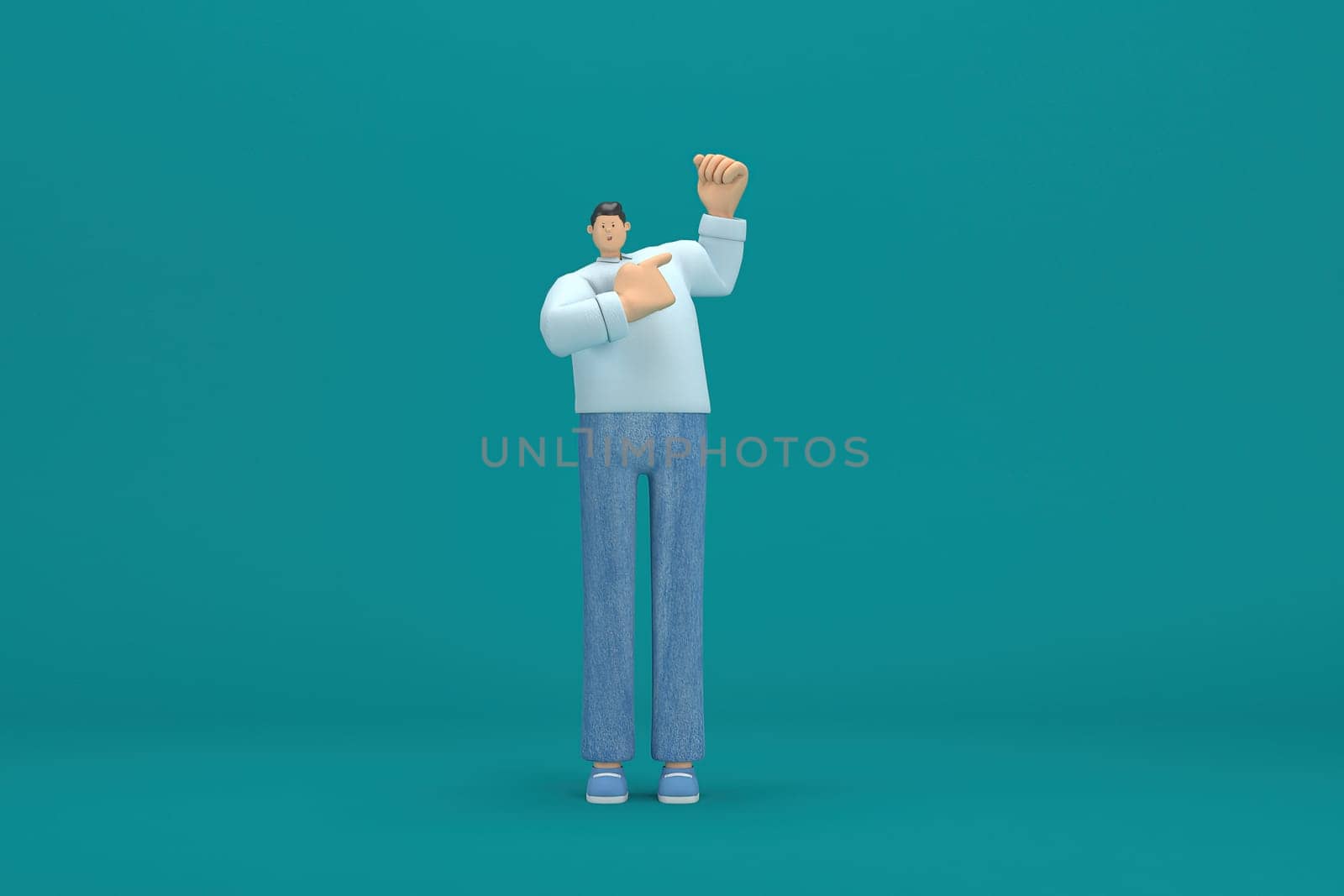 cartoon character wearing jeans and  long shirt. He is expression  of body and hand when talking. 3d rendering in acting.