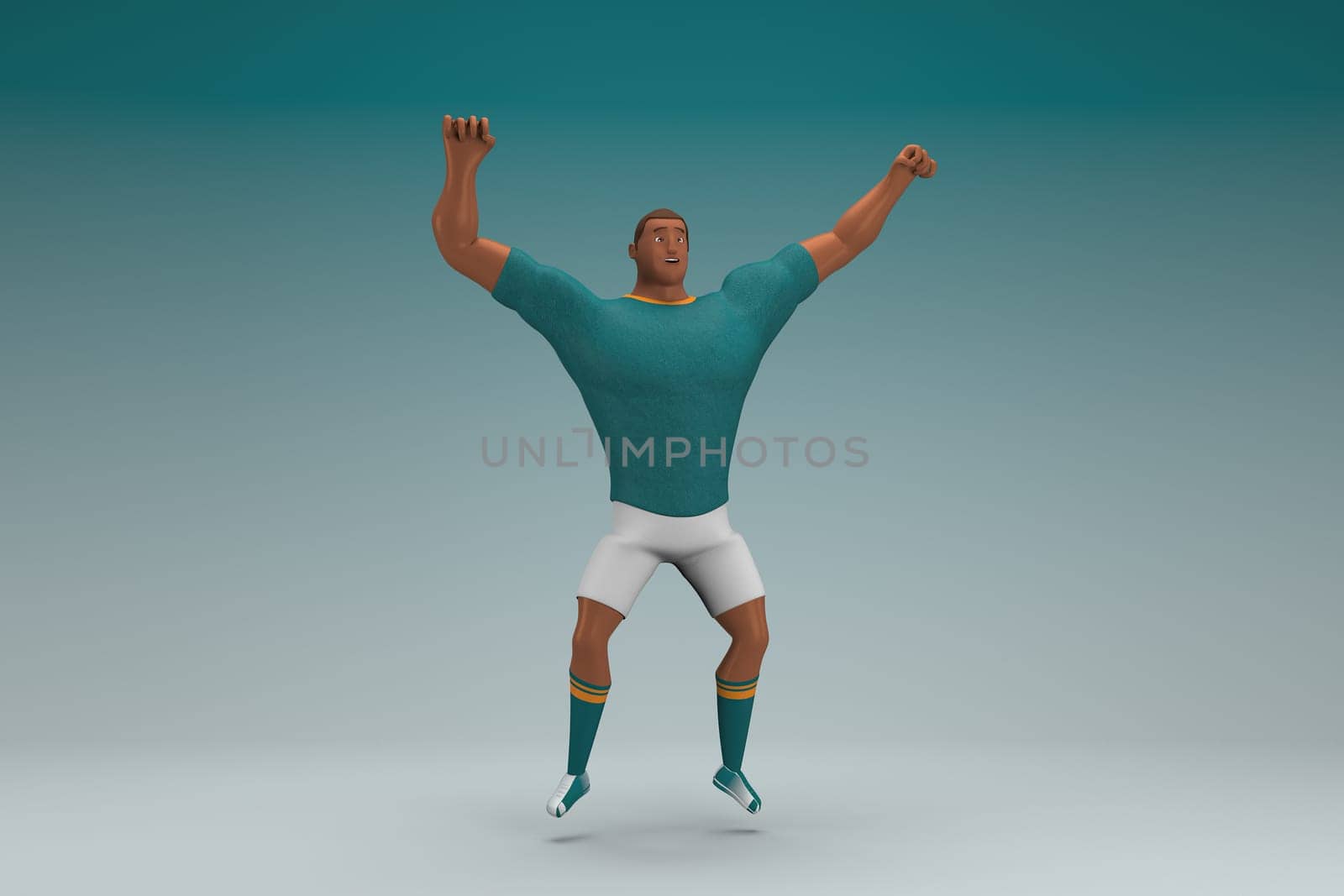 An athlete wearing a green shirt and white pants is jumping. 3d rendering of cartoon character in acting.