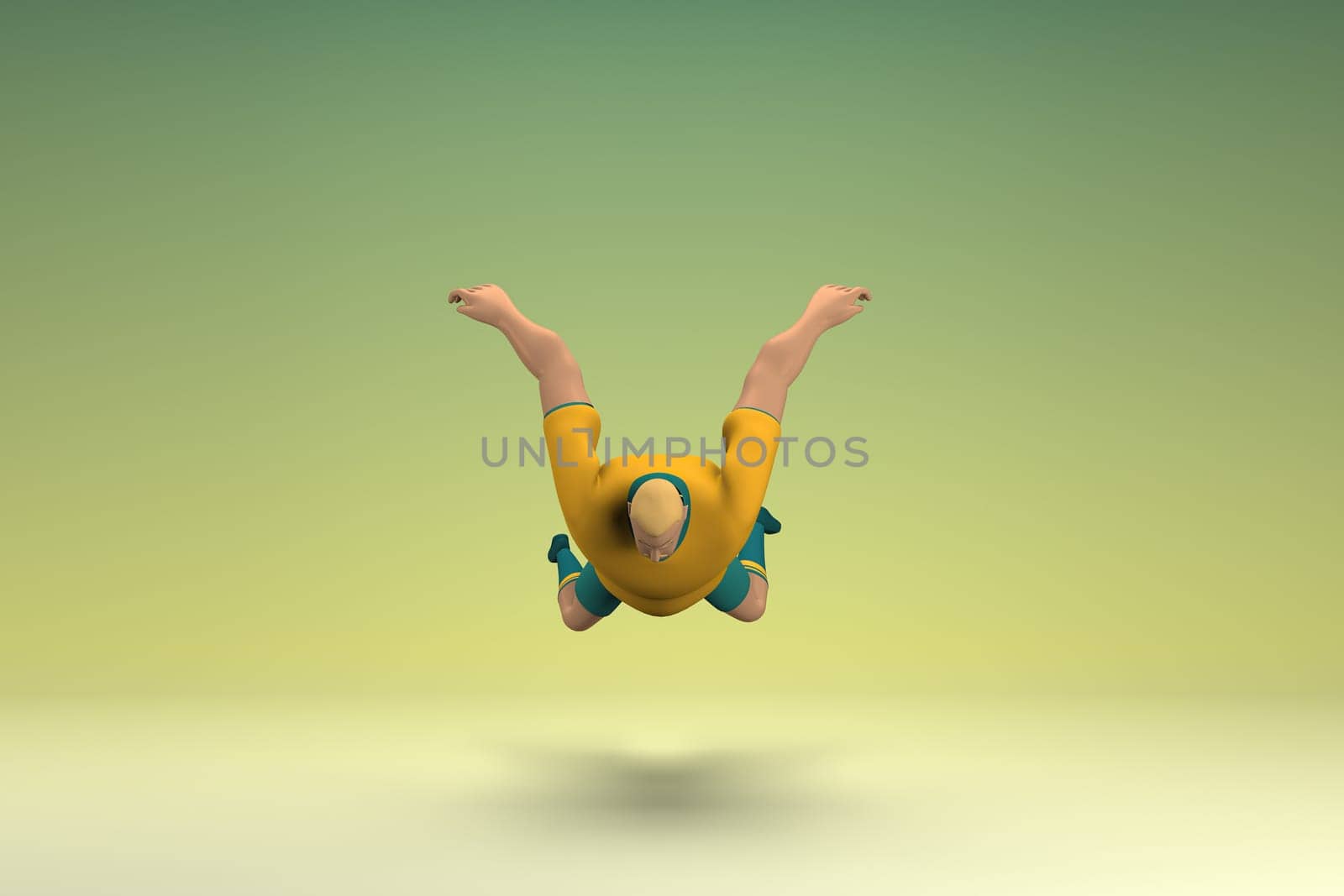 An athlete wearing a yellow shirt and green pants. He is falling down. 3d rendering of cartoon character in acting.
