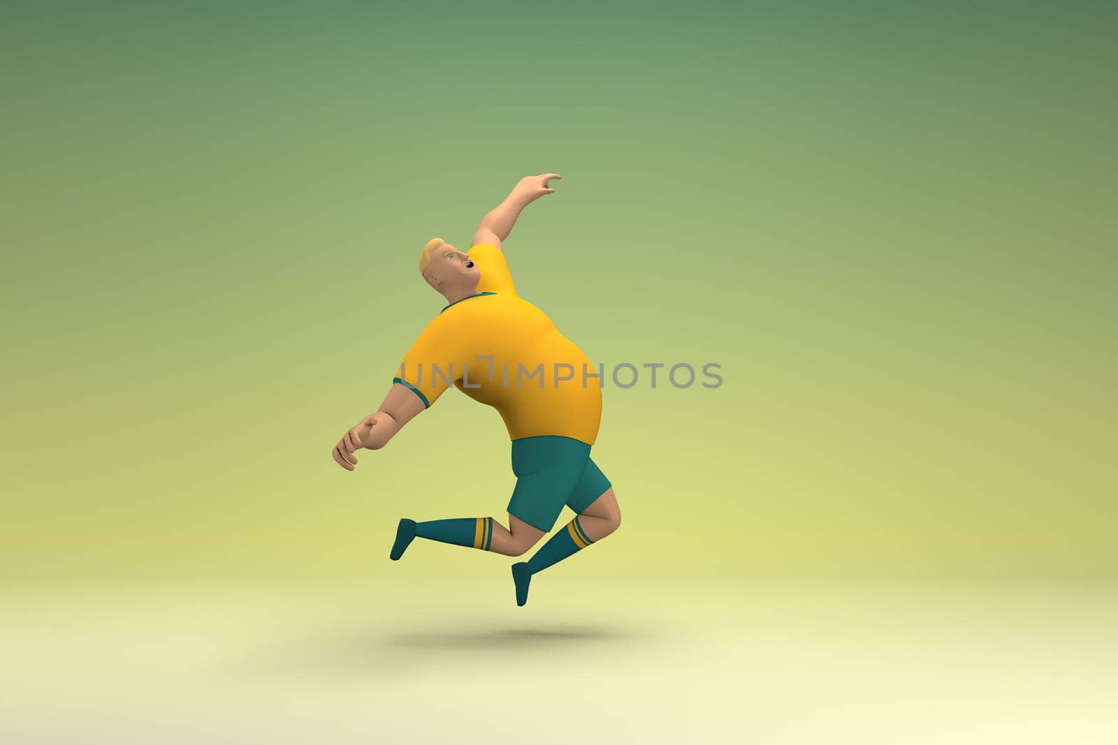 An athlete wearing a yellow shirt and green pants is jumping. 3d rendering of cartoon character in acting.