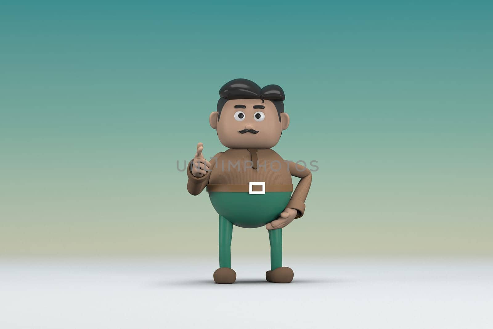 The man  with mustache wearing a brown long shirt green pants.  He is expression  of body and hand when talking.  3d illustrator of cartoon character in acting.